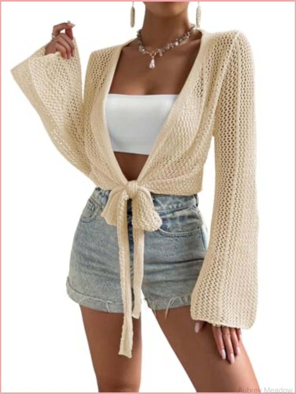 Hollow Out Tie Front Cardigan Summer Crop Flare Sleeve Crochet Bolero Top - Picture 2 of 5